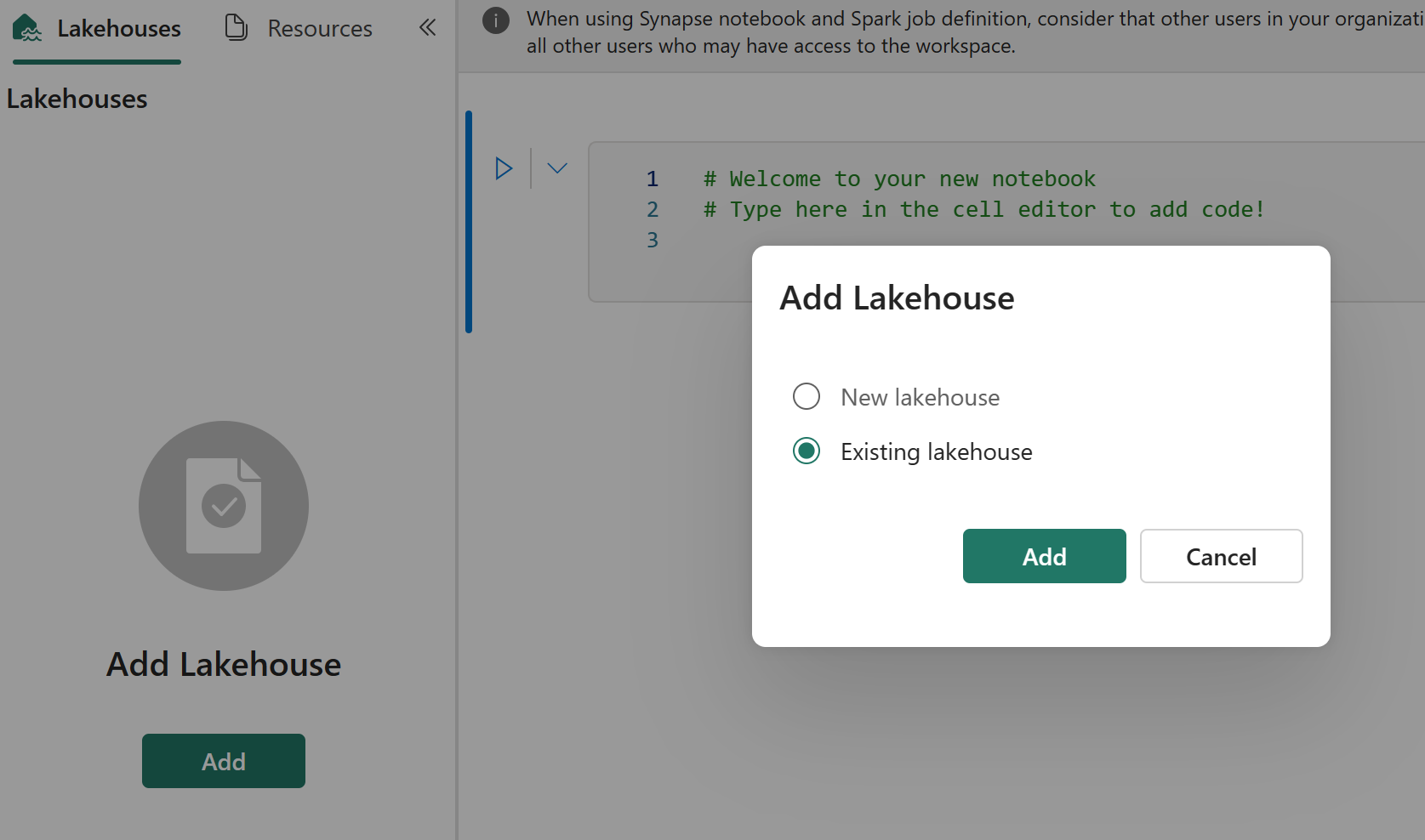 Snímek obrazovky znázorňující, jak připojit obnovený lakehouse k obnoveným poznámkovým blokům